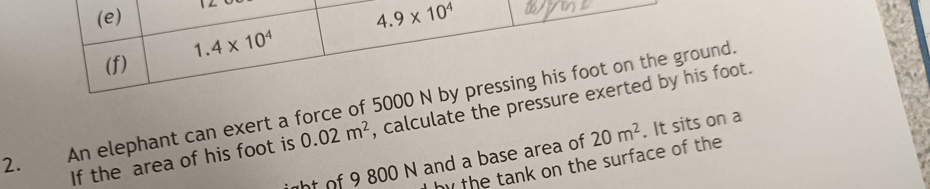 4.9* 10^4
1.4* 10^4
(f) 
2. An elephant can exert a force of 5000 N by pressing his foot on the ground. , calculate the pressure exerted by his foot. 
ht of 9 800 N and a base area of 20m^2. It sits on a 
If the area of his foot is 0.02m^2
by the tank on the surface of the