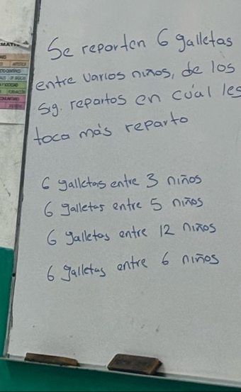 Se reporten 6 galletas
entre varios ninos, de los
s9. repartos on coal les
toco mas reparto
C galletas entre 3 ninos
6 galletes entre 5 ninos
G galletos entre 12 ninos
6 galletas entre 6 ninios