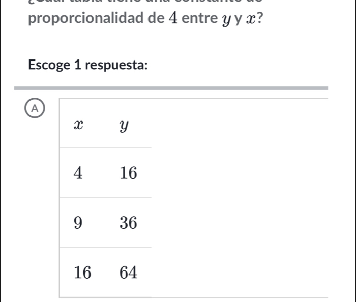 proporcionalidad de 4 entre y y x?
Escoge 1 respuesta:
A