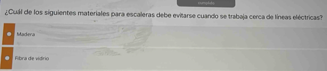 cumplido
¿Cuál de los siguientes materiales para escaleras debe evitarse cuando se trabaja cerca de líneas eléctricas?
Madera
Fibra de vidrio