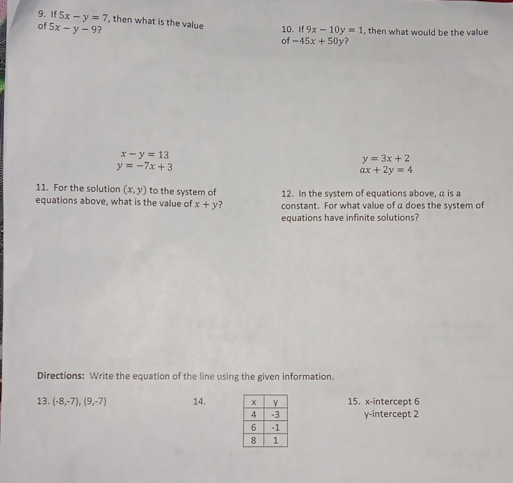 If 5x-y=7 , then what is the value
of 5x-y-9 ? 10. If 9x-10y=1 , then what would be the value 
of -45x+50y ?
x-y=13
y=3x+2
y=-7x+3
ax+2y=4
11. For the solution (x,y) to the system of 12. In the system of equations above, a is a
equations above, what is the value of x+y ? constant. For what value of a does the system of
equations have infinite solutions?
Directions: Write the equation of the line using the given information.
13. (-8,-7),(9,-7) 14. 15. x-intercept 6
y-intercept 2