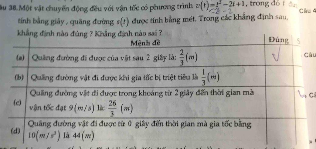 Su 38.Một vật chuyến động đều với vận tốc có phương trình v(t)=t^2-2t+1 , trong đó t
Câu 4
tính bằng giãy , quãng đường s(t) được tính bằng mét. Trong các khẳng định sau,
âu
Cá
)