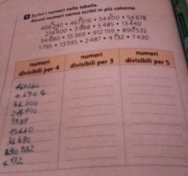 Scrivi i numeri nella tabella. 
Alcuni numeri vanno scritti in più colonne.
466240· 467016· 54600· 54678
214400· 3988· 5485· 13440
34680· 15369· 912159· 890532
1795· 13595· 2487· 4132· 7430
_