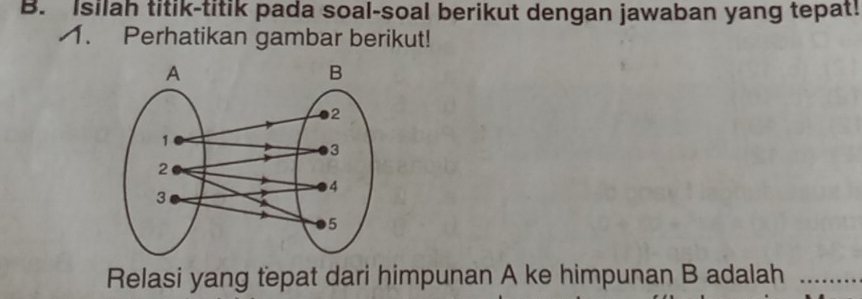 Isilah titik-titik pada soal-soal berikut dengan jawaban yang tepat! 
1. Perhatikan gambar berikut! 
Relasi yang tepat dari himpunan A ke himpunan B adalah ….