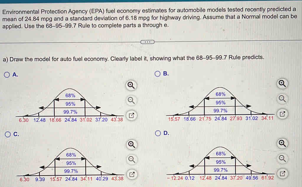 Environmental Protection Agency (EPA) fuel economy estimates for automobile models tested recently predicted a 
mean of 24.84 mpg and a standard deviation of 6.18 mpg for highway driving. Assume that a Normal model can be 
applied. Use the 68-95-99.7 Rule to complete parts a through e. 
a) Draw the model for auto fuel economy. Clearly label it, showing what the 68-95-99.7 Rule predicts. 
A. 
B. 




C. 
D.