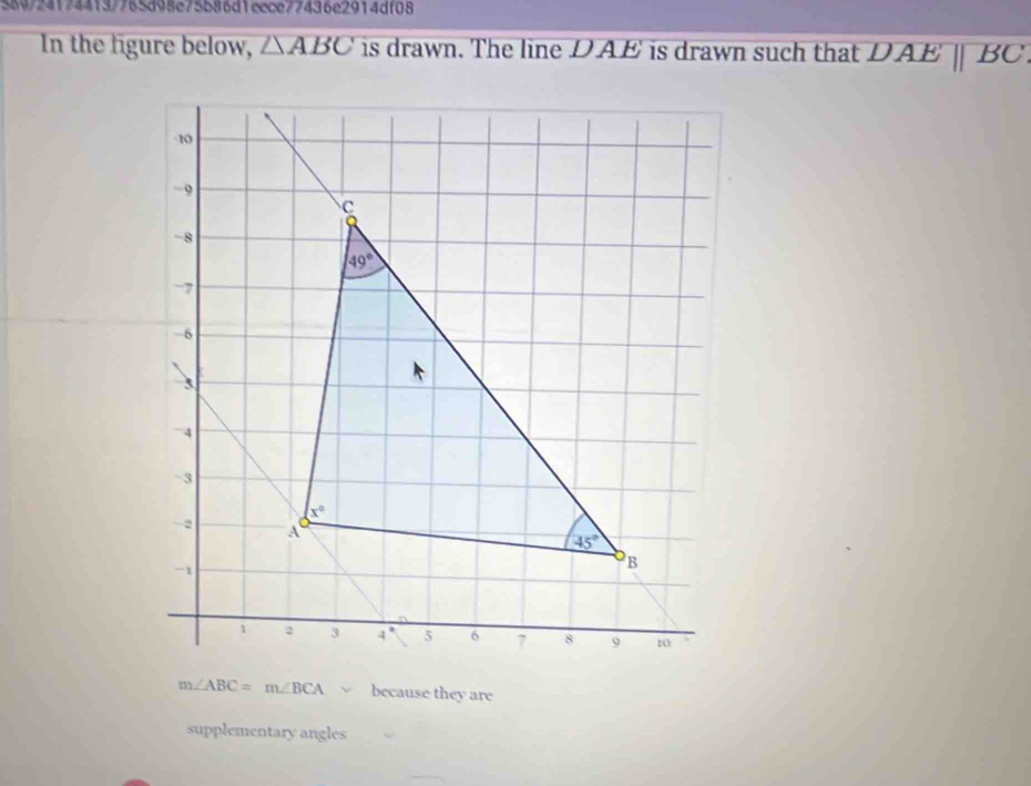 5897241744137765d98e75586d1ecce77436e2914df08
In the figure below, △ ABC is drawn. The line DAE is drawn such that DAEparallel BC
m∠ ABC=m∠ BCA because they are
supplementary angles