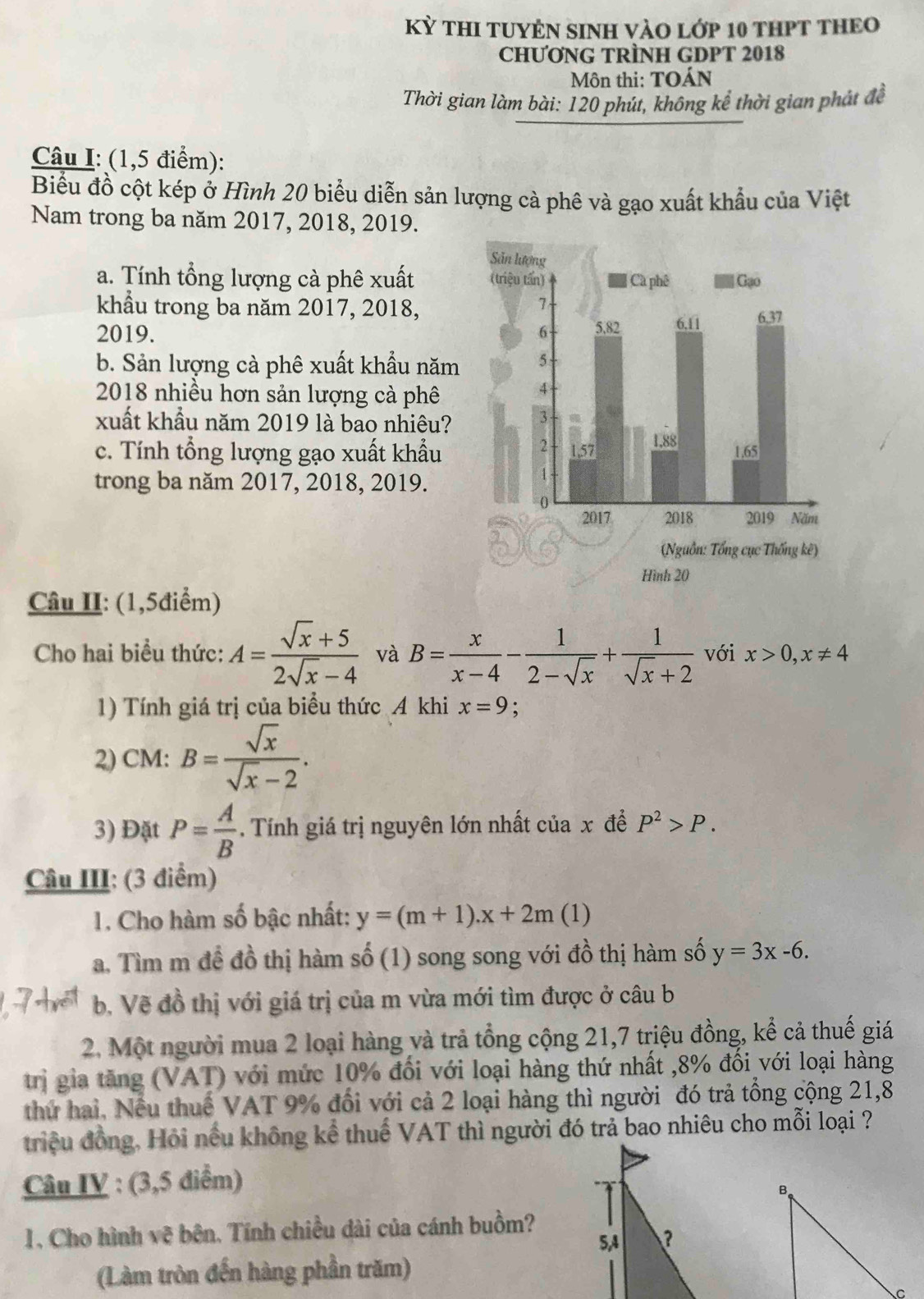 Kỳ THI TUYÊN SINH VÀO LớP 10 THPT THEO
CHƯƠNG TRÌNH GDPT 2018
Môn thi: TOÁN
Thời gian làm bài: 120 phút, không kể thời gian phát đề
Câu I: (1,5 điểm):
Biểu đồ cột kép ở Hình 20 biểu diễn sản lượng cà phê và gạo xuất khẩu của Việt
Nam trong ba năm 2017, 2018, 2019.
a. Tính tổng lượng cà phê xuất 
khẩu trong ba năm 2017, 2018,
2019. 
b. Sản lượng cà phê xuất khẩu năm
2018 nhiều hơn sản lượng cà phê
xuất khẩu năm 2019 là bao nhiêu? 
c. Tính tổng lượng gạo xuất khẩu 
trong ba năm 2017, 2018, 2019.
Câu II: (1,5điểm)
Cho hai biểu thức: A= (sqrt(x)+5)/2sqrt(x)-4  và B= x/x-4 - 1/2-sqrt(x) + 1/sqrt(x)+2  với x>0,x!= 4
1) Tính giá trị của biểu thức A khi x=9 :
2) CM: B= sqrt(x)/sqrt(x)-2 .
3) Đặt P= A/B  Tính giá trị nguyên lớn nhất của x để P^2>P.
Câu III: (3 điểm)
1. Cho hàm số bậc nhất: y=(m+1).x+2m(1
a. Tìm m đề đồ thị hàm số (1) song song với đồ thị hàm số y=3x-6.
b, Vẽ đồ thị với giá trị của m vừa mới tìm được ở câu b
2. Một người mua 2 loại hàng và trả tổng cộng 21,7 triệu đồng, kể cả thuế giá
trị gia tăng (VAT) với mức 10% đối với loại hàng thứ nhất ,8% đối với loại hàng
thứ hai, Nếu thuế VAT 9% đổi với cả 2 loại hàng thì người đó trả tổng cộng 21,8
triệu đồng, Hỏi nều không kể thuế VAT thì người đó trả bao nhiêu cho mỗi loại ?
Câu IV : (3,5 điểm)
1. Cho hình vẽ bên. Tính chiều dài của cánh buồm?
(Làm tròn đến hàng phần trăm)