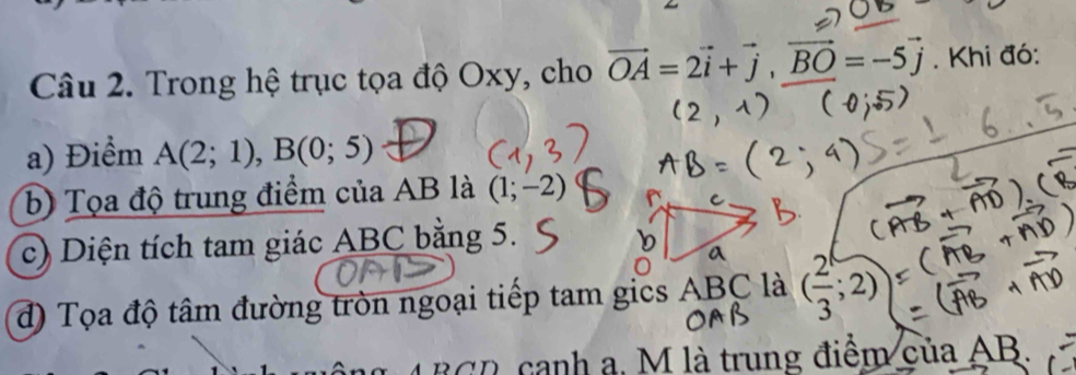 Trong hệ trục tọa độ Oxy, cho vector OA=2vector i+vector j, vector BO=-5vector j. Khi đó: 
a) Điểm A(2;1), B(0;5)
b) Tọa độ trung điểm của AB là (1;-2)
c) Diện tích tam giác ABC bằng 5. 
d) Tọa độ tâm đường tròn ngoại tiếp tam gics ABC là ( 2/3 ;2)
4 BCD, canh a. M là trung điểm của AB.