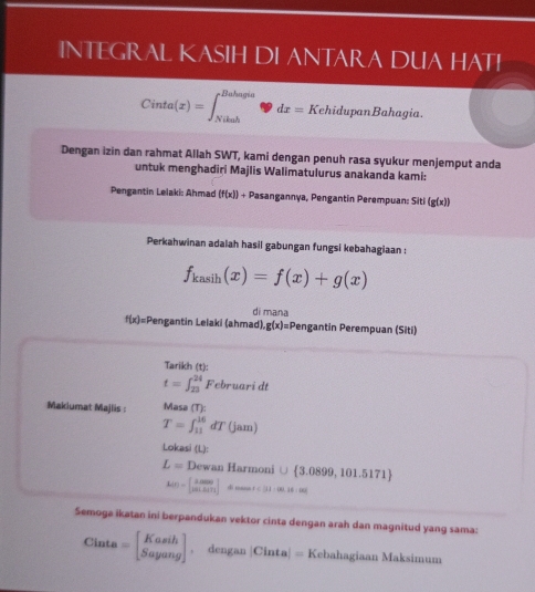 INTEGRAL KASIH DI ANTARA DUA HATI
Cinta(x)=∈t _(Niash)^(Babagia)Phi dx=KehidupanBahagia. 
Dengan izin dan rahmat Allah SWT, kami dengan penuh rasa syukur menjemput anda 
untuk menghadiri Majlis Walimatulurus anakanda kami: 
Pengantin Lelaki: Ahmad (f(x))+ Pasangannya, Pengantin Perempuan: Siti(g(x))
Perkahwinan adalah hasil gabungan fungsi kebahagiaan :
f_kasin (x)=f(x)+g(x)
di mana
f(x)= Pengantin Lelaki (ahmad), g(x)= Pengantin Perempuan (Siti) 
Tarikh (t):
t=∈t _(23)^(24)Februaridt
Makiumat Majlis : Masa (T):
T=∈t _(11)^(16)dT(jam)
Lokasi (L):
L=DewanHarmoni∪  3.0899,101.5171
MD=[frac 2,00 101.6171endbmatrix dmols10.(3.16:04
Semoga ikatan ini berpandukan vektor cinta dengan arah dan magnitud yang sama:
Cinta=beginbmatrix Kasih Sayangendbmatrix , dengan Cinta|=KebahagiaanMa ksimum