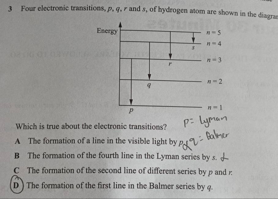 Four electronic transitions, p, q, r and s, of hydrogen atom are shown in the diagrar
Which is true about the electronic transitions?
A The formation of a line in the visible light by p
B The formation of the fourth line in the Lyman series by s.
C The formation of the second line of different series by p and 7
D ) The formation of the first line in the Balmer series by q.