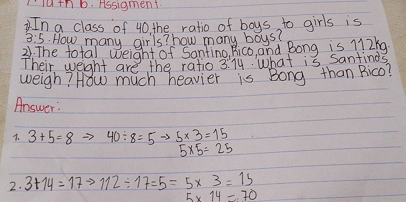 1uth b. Assigment. 
. In a class of 40, the ratio of boys to girls is
3:5. How many girls? how many boys? 
21. The total weight of Santing, Rico, and Bong is 112kg
Their weight are the ratio 3: 74. What is Santinds 
weigh? How much heavier is Bong than Bico? 
Answer: 
7. 3+5=8 40/ 8=5 5* 3=15
5* 5=25
2. 3+14=17to 112/ 17=5=5* 3=15
5* 14=70