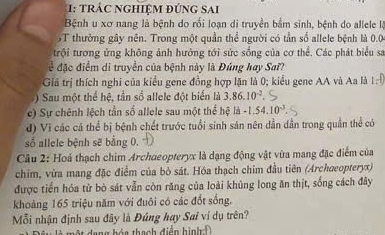 1: trác ngHiệM đứng sai
Bệnh u xơ nang là bệnh do rối loạn di truyền bắm sinh, bệnh do allele lộ
6T thường gây nên. Trong một quần thể người có tần số allele bệnh là 0.04
trội tương ứng không ảnh hưởng tới sức sống của cơ thể. Các phát biểu sa
đặc điểm di truyền của bệnh này là Đúng hay Saï?
Giả trị thích nghi của kiểu gene đồng hợp lặn là 0; kiểu gene AA và Aa là 1=□
) Sau một thể hệ, tần số allele đột biển là 3 3.86.10^(-2).
c) Sự chênh lệch tần số allele sau một thể hệ là -1.54.10^(-3)
d) Vì các cá thể bị bệnh chết trước tuổi sinh sản nên dẫn dẫn trong quần thể có
số allele bệnh sẽ bằng 0.
Câu 2: Hoá thạch chim Archaeopteryx là dạng động vật vừa mang đặc điểm của
chim, vừa mang đặc điểm của bỏ sát. Hóa thạch chim đầu tiên (Archueopteryx)
được tiến hóa từ bò sát vẫn còn răng của loài khủng long ăn thịt, sống cách đây
khoảng 165 triệu năm với đuôi có các đốt sống.
Mỗi nhận định sau đây là Đúng hay Sai ví dụ trên?
Đâu là một dang hóa thach điển hình D