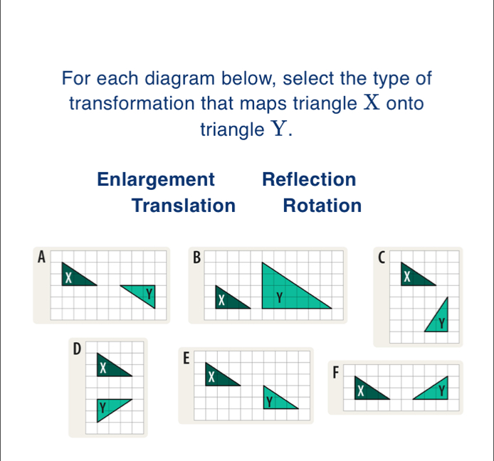 For each diagram below, select the type of transformation that maps ...
