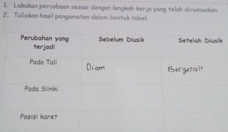 Lakukan percobaan sesuai dengan langkah kerja yang telah dirumuskan. 
2. Tuliskan hasil pengamatan dalam bentuk tabel.