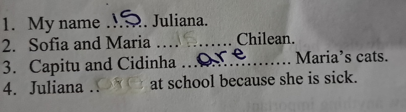 My name_ 
Juliana. 
2. Sofia and Maria_ 
Chilean. 
3. Capitu and Cidinha_ 
Maria’s cats. 
4. Juliana . at school because she is sick.