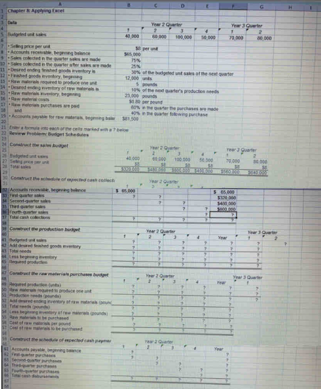 A
B c D E G H 1
1 Chapter 8: Applying Excel
2
J Data Year 2 Quarter Year 3 Quarter
4
!
J 4
2
5 Fudgeted unit sales 40,000 60,000 100,000 50,000 70,000 80,000
s
? • Selling price per unit $8 per unt
* + Accounts receivable, beginning balance $65 000
9 '+ Sales collected in the quarter sales are made 75%
10 + Sales collected in the quarter after sales are made 25%
11  · Desired ending finished goods inventory is 30% of the budgeted unt sales of the next quarter
12 • Finished goods inventory, beginning 12,000 units
15 - Raw materials required to produce one und S pounds
14 + Desired ending inventory of raw materials is 10% of the next quarter's production needs
15 - Raw materials inventory, beginning 23,000 pounds
15 · Raw matorial costs S0 80 per pound
17 • Raw materials purchases are paid 60% in the quarter the purchases are made
18 and 40% in the quarter following purchase
19 + Accounts payable for raw materiais, beginning balar $81,500
20
21 Enter a formula into each of the cells marked with a ? below
27 *  Review Problem: Budget Schedules
2
24 Construct the sales budget
25
z Budgeted unt sales 
27° Seflg price per unt 
28 Total sales 
2
30 Construct the schedule of expected cash collect Year 2 Quarter
31
,
32 Accounts receivable, beginning ballance $ 65,000
35 Firsl-quarter soles $ 65,000
7
$320,000
t Second-quarter sales ? 7 $400,000
35 Thad quarter solles ? ? $600 000
]Fourth-quarter sales
? ?
37 Total cash collections ? ? ?
3 Construct the production budget
40
41  Budgeted unit sales
42 Add desired finished goods inventory
45 Total needs 
44 Less begnning iventory
45 Required production 
46
47 Construct the raw materials purchases bud
19  Requred production (unta) 
S0  Raw materials required to produce one anit
52 Preduction needs (pounds)
52 Add desired ending inventory of raw insterials (
S3 Total neetts (pounds)
54 Leas beginxing aventory of raw materials (poun
55 Raw malerals to be purchased
56 Dest of raw materisls per pound
57 Cost of raw materisis to be purchased
53 Construct the schedule of expected cash pa
61 Accourts payable, beginning baiance
62 First quater purchases
63  Secard quarter purchases
64 Third quarter purchases
15 Fourth-quarter purchases
65 Toml cash disbursenents
57
51