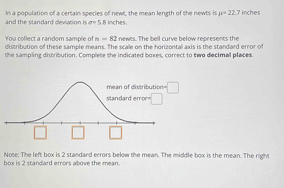 In a population of a certain species of newt, the mean length of the newts is mu =22.7 inches
and the standard deviation is sigma =5.8 inches.
You collect a random sample of n=82 newts. The bell curve below represents the
distribution of these sample means. The scale on the horizontal axis is the standard error of
the sampling distribution. Complete the indicated boxes, correct to two decimal places.
Note: The left box is 2 standard errors below the mean. The middle box is the mean. The right
box is 2 standard errors above the mean.