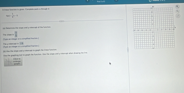 A finear function is given. Complete parts a through d
h(x)= 1/6 x-5
(2) Determine the slope and y-intercept of the function. 
The slope is  1/6 
(Type an integer or a simplified fraction) 
The y intercept is overline -5
(Type an integer or a simplified fraction) 
(b) Uise the slope and y-intercept to graph the linear function. 
Use the graphing tool to graph the function. Use the slope and y-intercept when drawing the line 
Click to 
` enlarge 
graph
