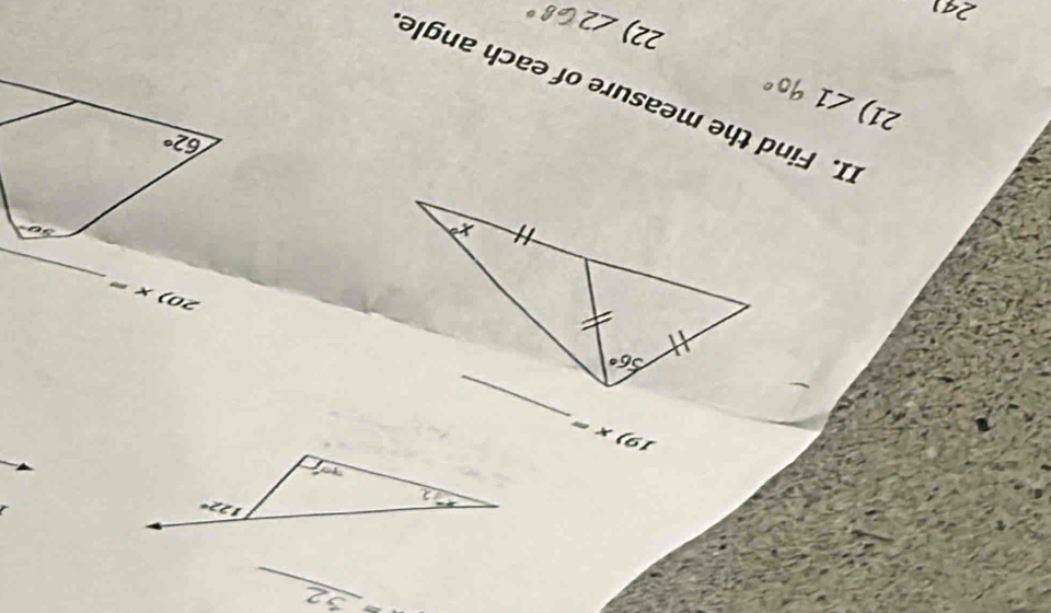 +
_
19 x=
20)
_
x=
62°
21) ∠ 1
II. Find the measure of each angle
22) ∠ 2
241