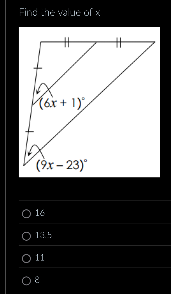 Find the value of x
16
13.5
11
8