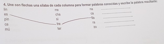 Une con flechas una sílaba de cada columna para formar palabras conocidas y escribe la palabra resultante: 
_ 
_ 
_ 
_ 
_