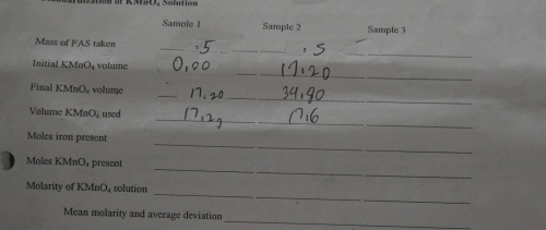 Snn ar RMaO, Salutión 
Sample I Sample 2 Sample 3 
_ 
_ 
Mass of FAS taken 
_ 
_ 
Initial KMnO₄ volume 
_ 
__ 
Final KMnO, volume 
_ 
_ 
Volume KMnO used 
_ 
Moles iron present 
_ 
Moles KMnO₄ present 
_ 
Molarity of KMnO, solution 
_ 
Mean molarity and average deviation