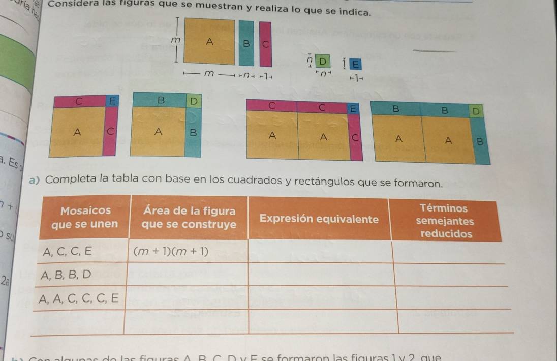 Uría ha
Considera las figuras que se muestran y realiza lo que se indica.
_
_
m A B C
2 D E
m rnd -1-
C E B D
C C E B B D
A C A B
A A C A A B
.  Es 
a) Completa la tabla con base en los cuadrados y rectángulos que se formaron.
n+
s
2a
A    P C D  v E so formaron las figuras 1  v 2 qua