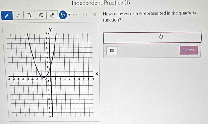 Independent Practice 16 
i Tr V How many zeros are represented in the quadratic 
function? 
Submit