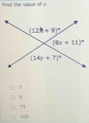 Find the value of y.
7
8
75
105