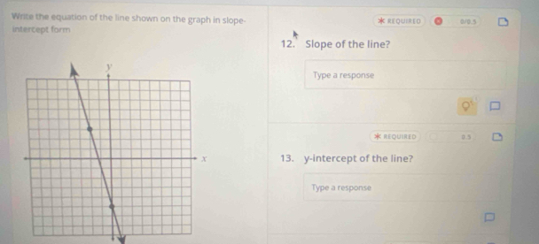 Write the equation of the line shown on the graph in slope- * REQUIRED 
intercept form 0/0.5
12. Slope of the line? 
Type a response 
* REQUIRED 0.5
13. y-intercept of the line? 
Type a response