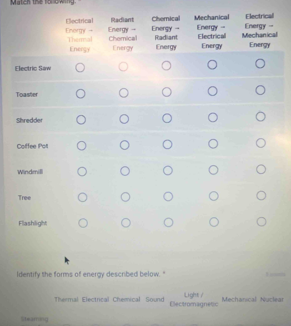 Match the following.
l
Identify the forms of energy described below. "
Thermal Electrical Chemical Sound Light / Mechanical Nuclear
Electromagnetic
Steaming