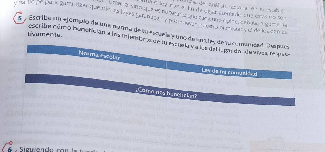 oiancia del análisis racional en el estable- 
Tha o ley, con el fin de dejar asentado que éstas no son 
y participe para garantizar que dichas leyes garanticen y promuevan nuestro bienestar y el de los demás el m ano, sino que es necesario que cada uno opine, debata, argumente 
5 Escribe un ejemplo de una norma de tu escuela y uno de una ley de tu comunidad. Después 
tivamente. 
escribe cómo benefician a los miembros de tu escuela y a los del lugar donde vives, respec 
Norma escolar 
Ley de mi comunidad 
¿Cómo nos benefician? 
6 Sig u ie n