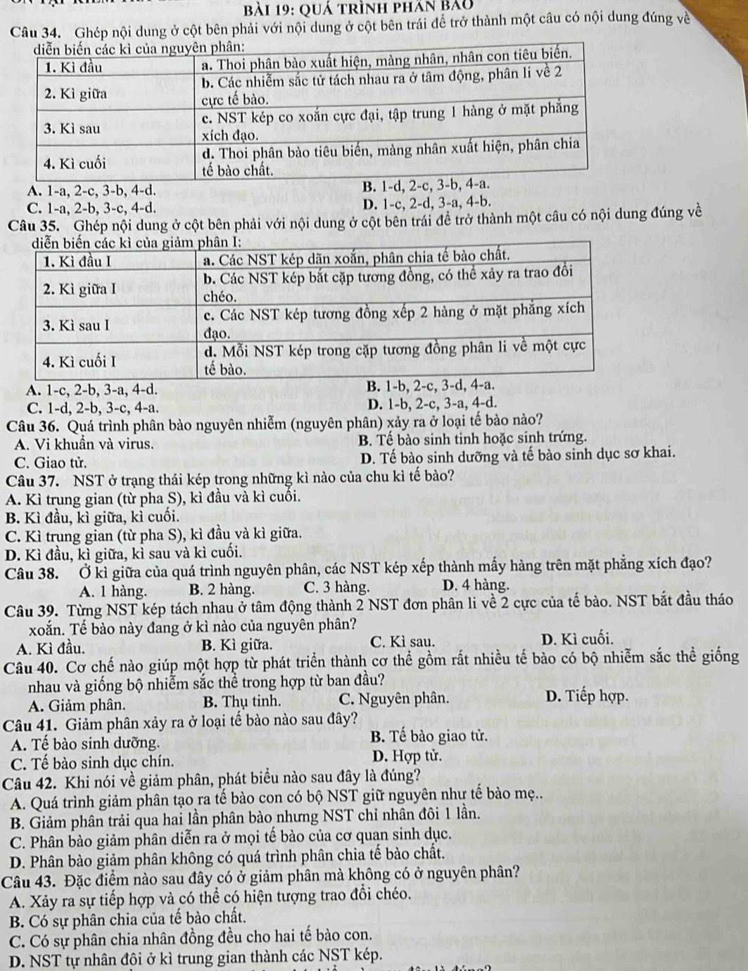 quá trình phần bảo
Câu 34. Ghép nội dung ở cột bên phải với nội dung ở cột bên trái đề trở thành một câu có nội dung đúng về
A. 1-a, 2-c, 3-b, 4-d. B.
C. 1-a, 2-b, 3-c, 4-d. D. 1-c, 2-d, 3-a, 4-b.
Câu 35. Ghép nội dung ở cột bên phải với nội dung ở cột bên trái đề trở thành một câu có nội dung đúng về
A. 1-c, 2-b, 3-a, 4-d.
C. 1-d, 2-b, 3-c, 4-a. D. 1-b, 2-c, 3-a, 4-d.
Câu 36. Quá trình phân bào nguyên nhiễm (nguyên phân) xảy ra ở loại tế bào nào?
A. Vi khuần và virus. B. Tế bào sinh tinh hoặc sinh trứng.
C. Giao tử. D. Tế bào sinh dưỡng và tế bào sinh dục sơ khai.
Câu 37. NST ở trạng thái kép trong những kì nào của chu kì tế bào?
A. Kì trung gian (từ pha S), kì đầu và kì cuối.
B. Kì đầu, kì giữa, kì cuối.
C. Kì trung gian (từ pha S), kì đầu và kì giữa.
D. Kì đầu, kì giữa, kì sau và kì cuối.
Câu 38. Ở kì giữa của quá trình nguyên phân, các NST kép xếp thành mấy hàng trên mặt phẳng xích đạo?
A. 1 hàng. B. 2 hàng. C. 3 hàng. D. 4 hàng.
Câu 39. Từng NST kép tách nhau ở tâm động thành 2 NST đơn phân li về 2 cực của tế bào. NST bắt đầu tháo
xoắn. Tế bào này đang ở kì nào của nguyên phân?
A. Kì đầu. B. Kì giữa. C. Kì sau. D. Kì cuối.
Câu 40. Cơ chế nào giúp một hợp từ phát triển thành cơ thể gồm rất nhiều tế bào có bộ nhiễm sắc thể giống
nhau và giống bộ nhiễm sắc thể trong hợp từ ban đầu?
A. Giảm phân. B. Thụ tinh. C. Nguyên phân.
D. Tiếp hợp.
Câu 41. Giảm phân xảy ra ở loại tế bào nào sau đây?
A. Tế bào sinh dưỡng.
B. Tế bào giao tử.
C. Tế bào sinh dục chín.
D. Hợp tử.
Câu 42. Khi nói về giảm phân, phát biểu nào sau đây là đúng?
A. Quá trình giảm phân tạo ra tế bào con có bộ NST giữ nguyên như tế bào mẹ..
B. Giảm phân trải qua hai lần phân bào nhưng NST chỉ nhân đôi 1 lần.
C. Phân bào giảm phân diễn ra ở mọi tế bào của cơ quan sinh dục.
D. Phân bào giảm phân không có quá trình phân chia tế bào chất.
Câu 43. Đặc điểm nào sau đây có ở giảm phân mà không có ở nguyên phân?
A. Xảy ra sự tiếp hợp và có thể có hiện tượng trao đổi chéo.
B. Có sự phân chia của tế bào chất.
C. Có sự phân chia nhân đồng đều cho hai tế bào con.
D. NST tự nhân đôi ở kì trung gian thành các NST kép.