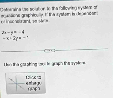 Determine the solution to the following system of
equations graphically. If the system is dependent
or inconsistent, so state.
2x-y=-4
-x+2y=-1
Use the graphing tool to graph the system.
Click to
enlarge
graph