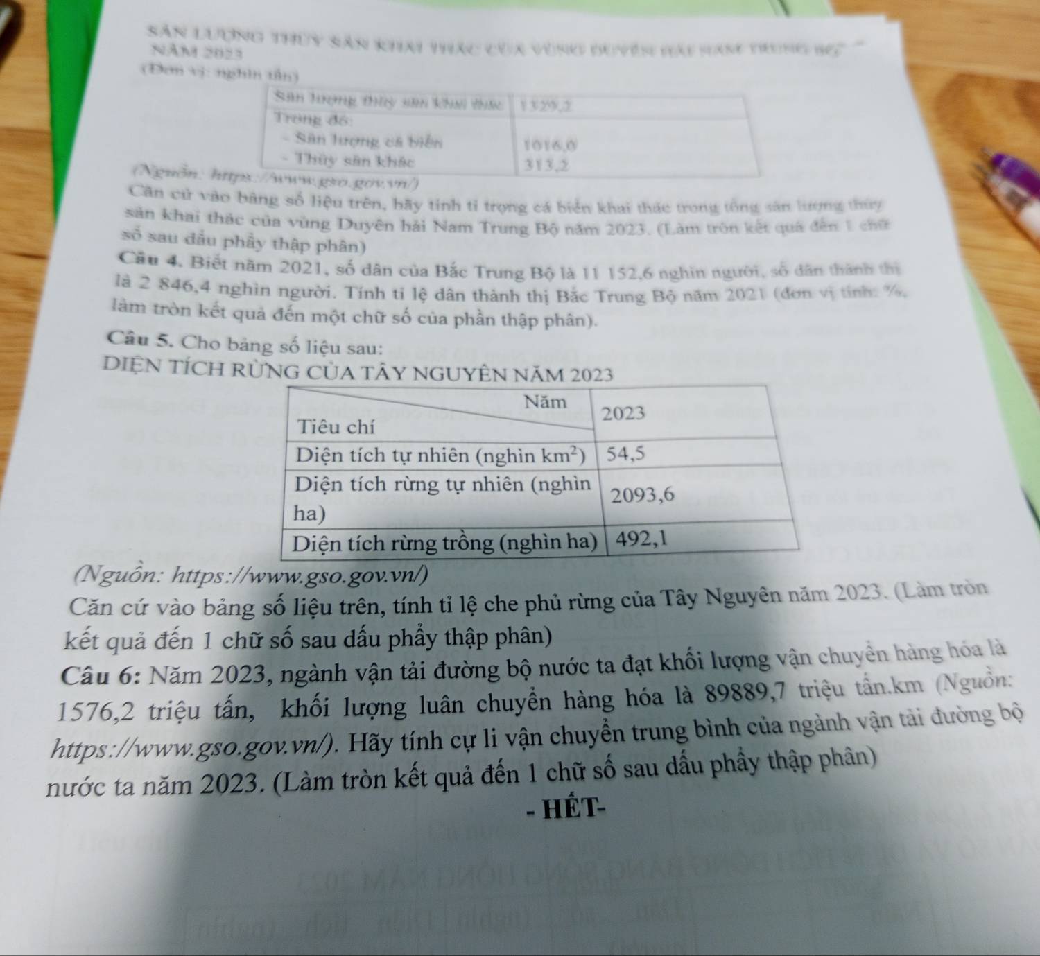 Sân Lượng thủy Sân khai thác của vùng dưyês vài san trong 162
NăM 2023
(Đơn vị:
(Nguồn: 
Cần cử vào bằng số liệu trên, hãy tinh tỉ trọng cá biển khai thác trong tổng sân lượng thủy
sản khai thác của vùng Duyên hải Nam Trung Bộ năm 2023, (Làm tròn kết quả đến 1 chữ
số sau đầu phầy thập phân)
Cầu 4. Biết năm 2021, số dân của Bắc Trung Bộ là 11 152,6 nghin người, số dân thành thị
là 2 846,4 nghìn người. Tính tỉ lệ dân thành thị Bắc Trung Bộ năm 2021 (đơn vị tính: %,
làm tròn kết quả đến một chữ số của phần thập phân).
Câu 5. Cho bảng số liệu sau:
DIỆN TÍCH RÜNG CủA TÂY NGUYÊN NăM 2023
(Nguồn: https://www.gso.gov.vn/)
Căn cứ vào bảng số liệu trên, tính tỉ lệ che phủ rừng của Tây Nguyên năm 2023. (Làm tròn
kết quả đến 1 chữ số sau dấu phầy thập phân)
Câu 6: Năm 2023, ngành vận tải đường bộ nước ta đạt khối lượng vận chuyển hàng hóa là
1576,2 triệu tấn, khối lượng luân chuyển hàng hóa là 89889,7 triệu tần.km (Nguồn:
https://www.gso.gov.vn/). Hãy tính cự li vận chuyển trung bình của ngành vận tải đường bộ
nước ta năm 2023. (Làm tròn kết quả đến 1 chữ số sau dầu phầy thập phân)
- HÉT-