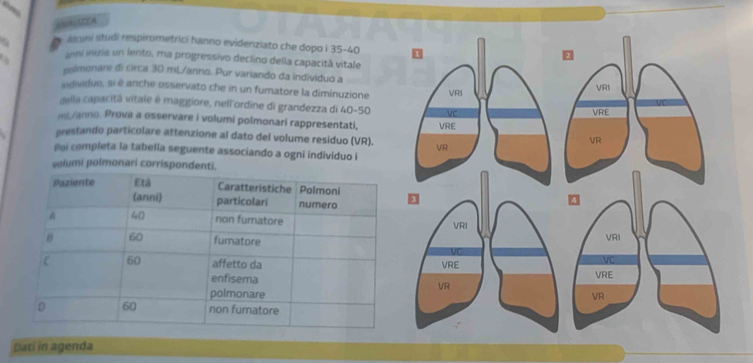 AAEA 
A alcuni studi respirometrici hanno evidenziato che dopo i 35 - 40
anni inizia un lento, ma progressivo declino della capacitã vitale 
polmenare di circa 30 mL/arino. Pur variando da individuo a 
individue, si é anche osservato che in un fumatore la diminuzione 
della capacitã vitale è maggiore, nell'ordine di grandezza di 40-50
mi /anno. Prova a osservare i volumi polmonari rappresentati, 
prestando particolare attenzione al dato del volume residuo (VR). 
Pai completa la tabella seguente associando a ogni individuo i 
volumi polmonari corrispondenti. 
Dati in agenda