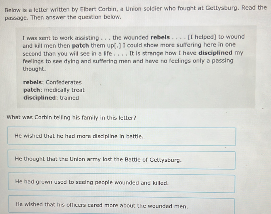 Solved: Below is a letter written by Elbert Corbin, a Union soldier who ...