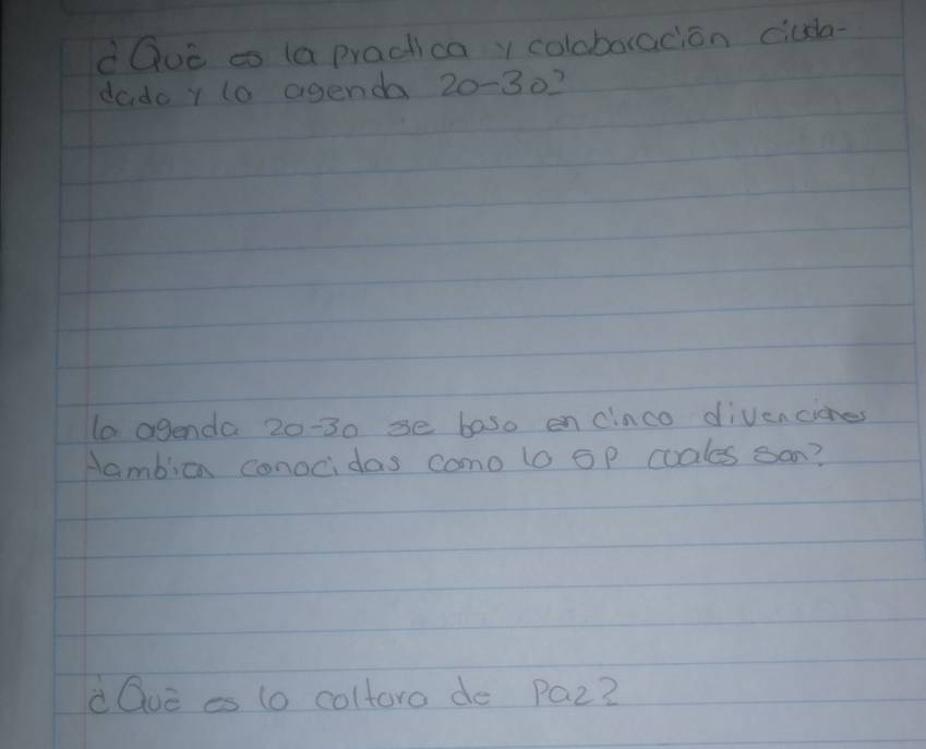 dQuc to (a pradticay coloboracion ciuda- 
dado y to agenda 20-30
to agenda 20-30 se baso enciaco divencides 
Nambicn conocidas como 1o op cuales san? 
dQve es (o coltoro do Pa2?