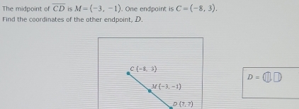 The midpoint of overline CD is M=(-3,-1). One endpoint is C=(-8,3).
Find the coordinates of the other endpoint, D
D=(□ ,□ )