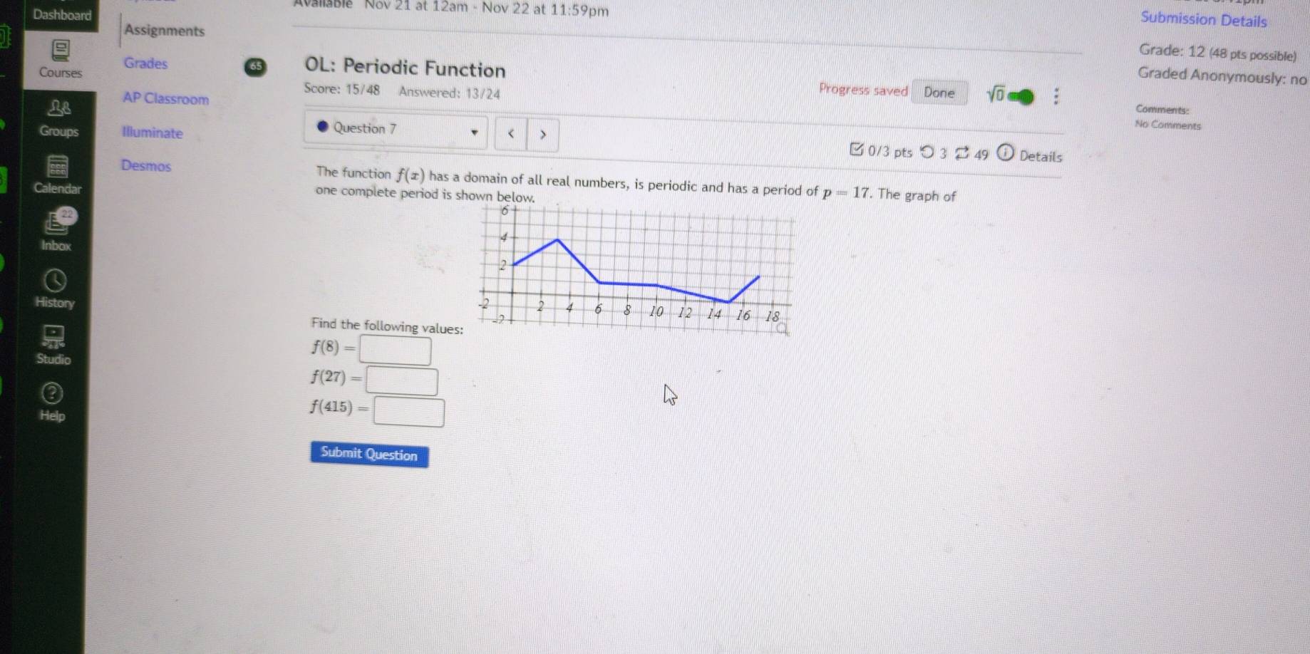 able Nov 21 at 12am - Nov 22 at 11:59 pm 
Dashboard 
Submission Details 
Assignments 
Grade: 12 (48 pts possible) 
Courses Grades OL: Periodic Function 
Graded Anonymously: no 
Score: 15/48 Answered: 13/24 Done sqrt(0) : 
Progress saved Comments: 
AP Classroom No Comments 
Question 7 
Groups Illuminate < > 
□ 0/3 pts つ 3 49 Details 
Desmos The function f(x) has a domain of all real numbers, is periodic and has a period of p=17. The graph of 
Calendar 
one complete period is shown 
Inbox 
History 
Find the following valu 
and
f(8)=□
f(27)=□
f(415)=□
Submit Question