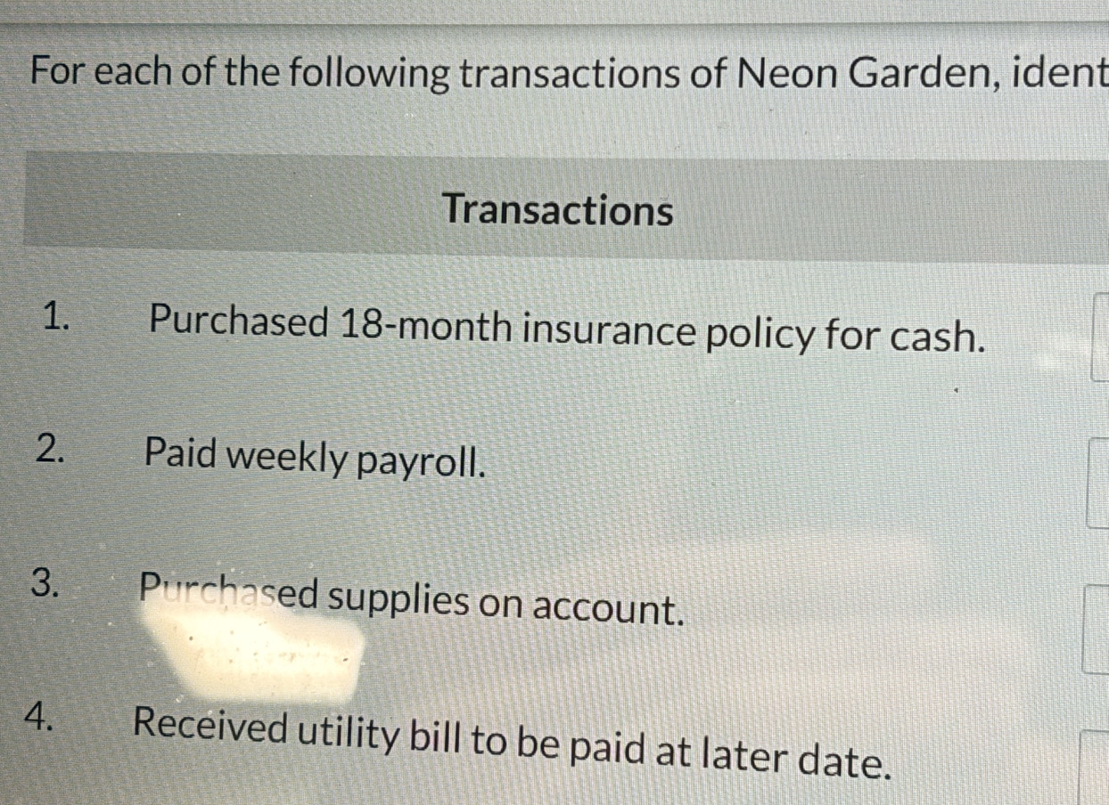 For each of the following transactions of Neon Garden, ident 
Transactions 
1. Purchased 18-month insurance policy for cash. 
2. Paid weekly payroll. 
3. Purchased supplies on account. 
4. Received utility bill to be paid at later date.