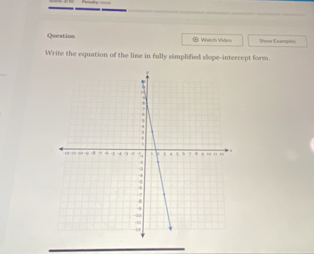 Penalty: non 
Question 。 Watch Video Show Examples 
Write the equation of the line in fully simplified slope-intercept form.