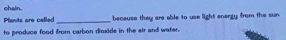 chain. 
Plants are called _because they are able to use light energy from the sun 
to produce food from carbon dioxide in the air and water.