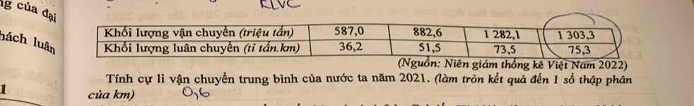 của đạ 
nách luâ 
(Nguồn: Niên giám thống kê Việt Nam 2022) 
Tính cự li vận chuyền trung bình của nước ta năm 2021. (làm tròn kết quả đến 1 số thập phân 
1 
của km)