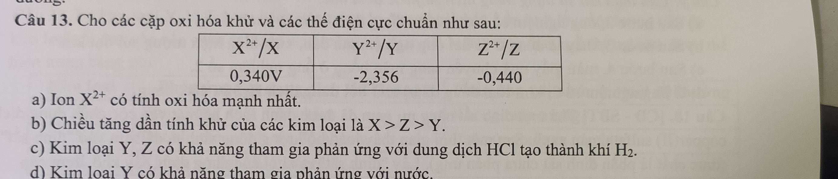 Cho các cặp oxi hóa khử và các thế điện cực chuẩn như sau:
a) Ion X^(2+) có tính oxi hóa mạnh nhất.
b) Chiều tăng dần tính khử của các kim loại là X>Z>Y.
c) Kim loại Y, Z có khả năng tham gia phản ứng với dung dịch HCl tạo thành khí H_2.
d) Kim loai Y có khả năng tham gia phản ứng với nước.