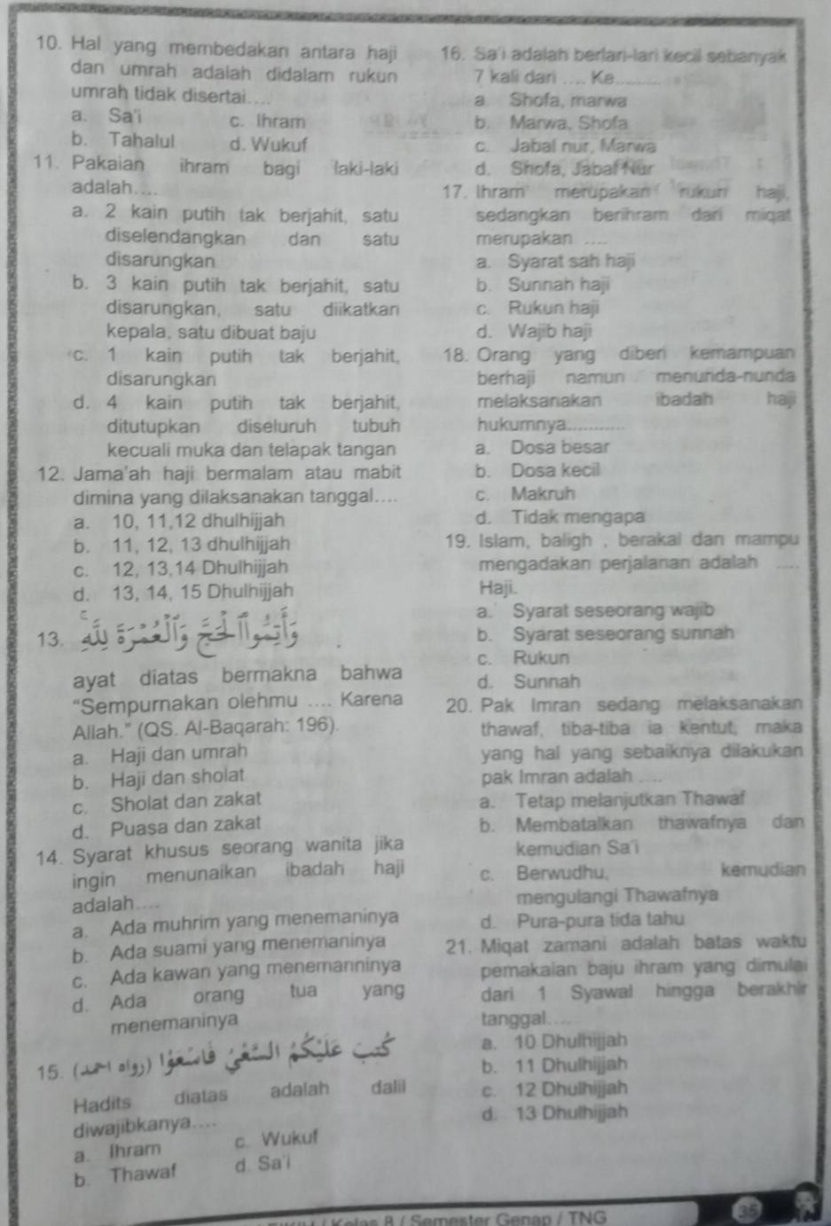 Hal yang membedakan antara haji 16. Sa'i adalah berlari-lari kecil sebanyak
dan umrah adalah didalam rukun 7 kali dari .... Ke
umrah tidak disertai.... a. Shofa, marwa
a. Sa'i c. Ihram b. Marwa, Shofa
b. Tahalul d. Wukuf c. Jabal nur, Marwa
11. Pakaian    ihram bagi laki-laki d. Shofa, Jabal Nur
adalah. 17. Ihram' merupakan rukun haji,
a. 2 kain putih tak berjahit, satu sedangkan berihram dari miqat
diselendangkan dan satu merupakan
_
disarungkan a. Syarat sah haji
b. 3 kain putih tak berjahit, satu b. Sunnah haji
disarungkan, satu diikatkan c. Rukun haji
kepala, satu dibuat baju d. Wajib haji
c. 1 kain putih tak berjahit, 18. Orang yang diber kemampuan
disarungkan berhaji namun menunda-nunda
d. 4 kain putih tak berjahit, melaksanakan ibadah hap
ditutupkan diselurüh tubuh hukumnya.
kecuali muka dan telapak tangan a. Dosa besar
12. Jama'ah haji bermalam atau mabit b. Dosa kecil
dimina yang dilaksanakan tanggal.... c. Makruh
a. 10, 11,12 dhulhijjah d. Tidak mengapa
b. 11, 12, 13 dhulhijjah 19. Islam, baligh , berakal dan mampu
c. 12, 13,14 Dhulhijjah mengadakan perjalanan adalah_
d. 13, 14, 15 Dhulhijjah Haji.
a.' Syarat seseorang wajib
13. á   jǐ, z  í, í; b. Syarat seseorang sunnah
c. Rukun
ayat diatas bermakna bahwa d. Sunnah
“Sempurnakan olehmu .... Karena 20. Pak Imran sedang melaksanakan
Allah." (QS. Al-Baqarah: 196). thawaf, tiba-tiba ia kentut, maka
a. Haji dan umrah yang hal yang sebaiknya dilakukan
b. Haji dan sholat pak Imran adalah
c. Sholat dan zakat a. Tetap melanjutkan Thawaf
d. Puasa dan zakat b. Membatalkan thawafnya dan
14. Syarat khusus seorang wanita jika kemudian Sa'i
ingin menunaikan ibadah haji c. Berwudhu, kemudian
adalah mengulangi Thawafnya
a. Ada muhrim yang menemaninya d. Pura-pura tida tahu
b. Ada suami yang menemaninya 21. Miqat zamani adalah batas waktu
c. Ada kawan yang menemanninya pemakaian baju ihram yang dimulai
d. Ada orang tua yang dari 1 Syawal hingga berakhir
menemaninya tanggal....
15. (Ja | olyj) lgn vlé (hé l| pélle é a. 10 Dhulhijjah
b. 11 Dhulhijjah
Hadits díatas adalah dalil c. 12 Dhulhijjah
diwajibkanya.... d. 13 Dhulhijjah
a. Ihram c. Wukuf
b. Thawaf d. Sa'i
R / Semester Genap / TNG