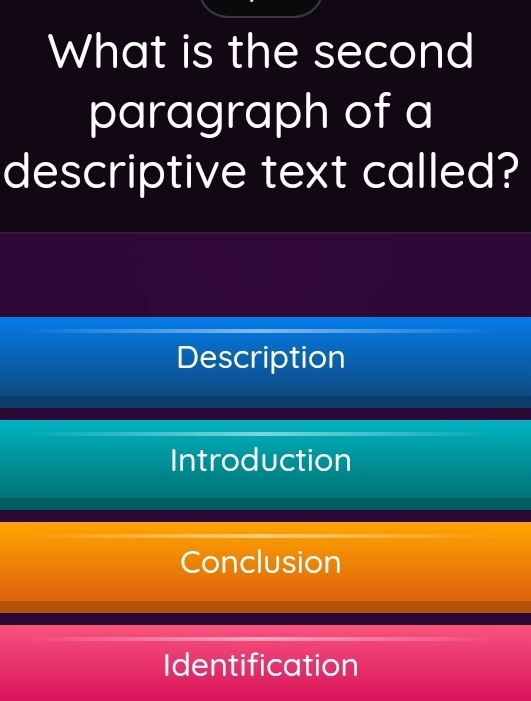 What is the second
paragraph of a
descriptive text called?
Description
Introduction
Conclusion
Identification