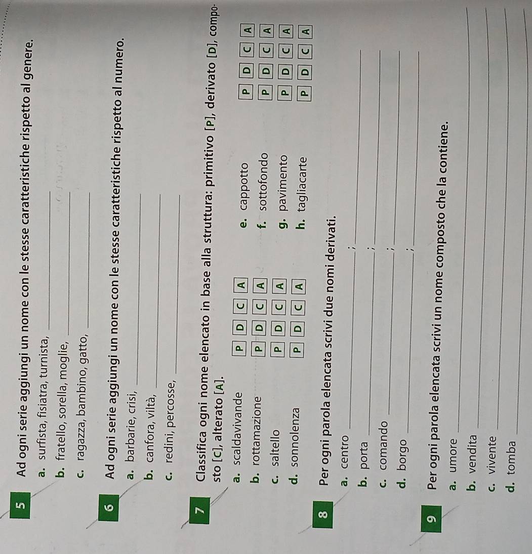 Ad ogni serie aggiungi un nome con le stesse caratteristiche rispetto al genere.
a. surfista, fisiatra, turnista,_
b. fratello, sorella, moglie,_
c. ragazza, bambino, gatto,_
6 Ad ogni serie aggiungi un nome con le stesse caratteristiche rispetto al numero.
a. barbarie, crisi,
_
_
b. canfora, viltà,
c. redini, percosse,_
7 Classifica ogni nome elencato in base alla struttura: primitivo [ P ], derivato [D], compo-
sto [C], alterato [A].
a. scaldavivande P D C A e. cappotto
P D C A
b. rottamazione P D C A f. sottofondo P D C A
P
c. saltello D C A g. pavimento
P D C A
d. sonnolenza P D C A h. tagliacarte D C A
P
8 Per ogni parola elencata scrivi due nomi derivati.
_
a. centro _;
_
b. porta
_;
_
c. comando
_;
_
d. borgo_
9 Per ogni parola elencata scrivi un nome composto che la contiene.
a. umore_
_
b. vendita
c. vivente_
_
d. tomba