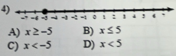 A) x≥ -5 B) x≤ 5
C) x D) x<5</tex>