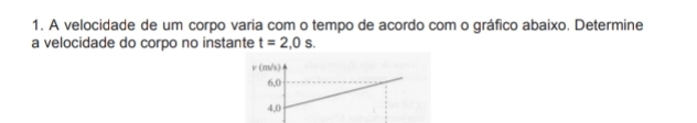 A velocidade de um corpo varia com o tempo de acordo com o gráfico abaixo. Determine
a velocidade do corpo no instante t=2,0s.
v (m/s)
6,0
4,0